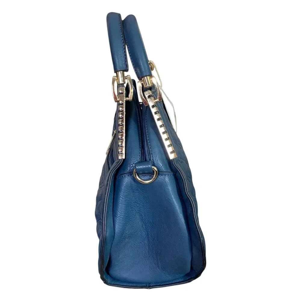 Alyssa Vegan Faux Leather Quilted Satchel Handbag Blue Gold Hardware